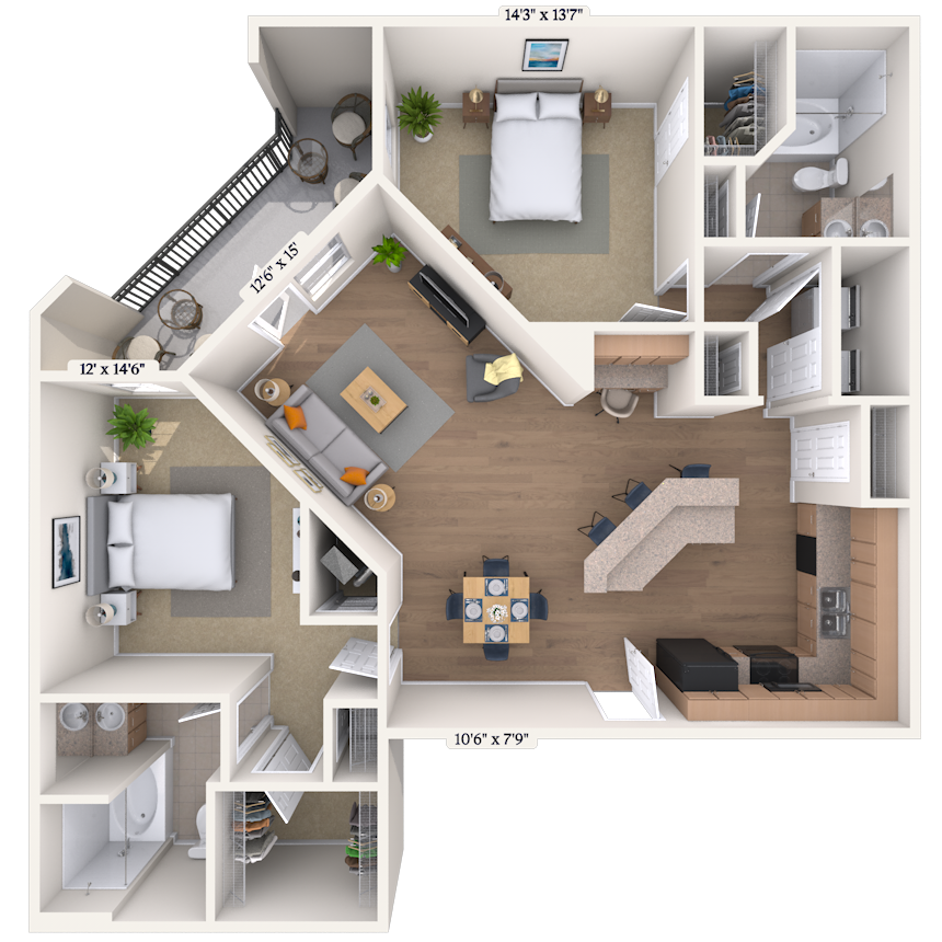 Floor plan for 2 beds, 2 baths, 1237 sqft